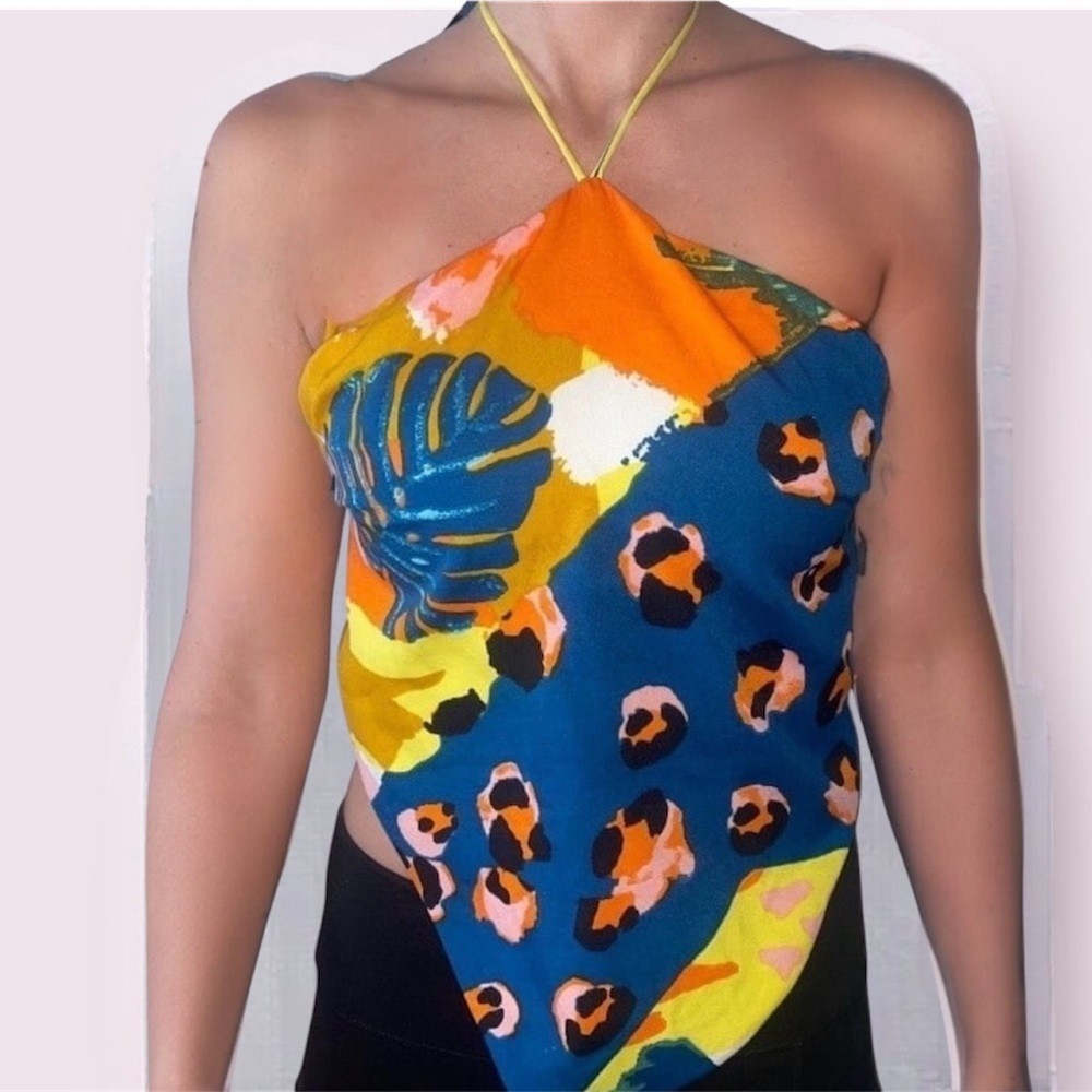 XS Scarf Halter Top Backless Blouse Women’s Boho Cropped Shirt Abstract Print